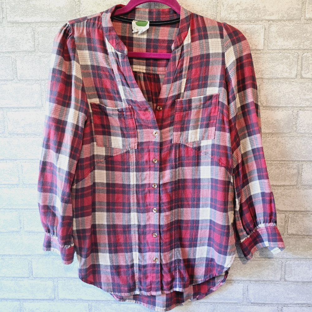 Anthropologie Red Plaid Long Sleeve Top